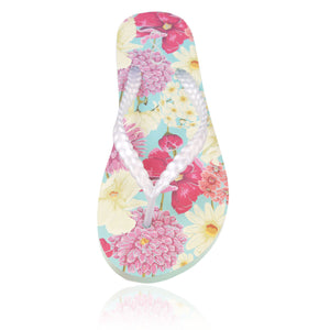 20 pairs of floral print flip flops in a personalized chalkboard crate