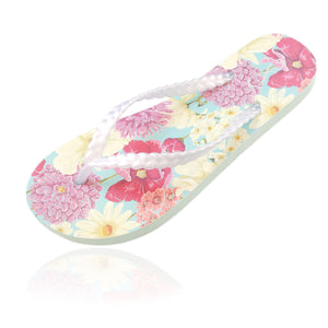 20 pairs of floral print flip flops in a personalized chalkboard crate