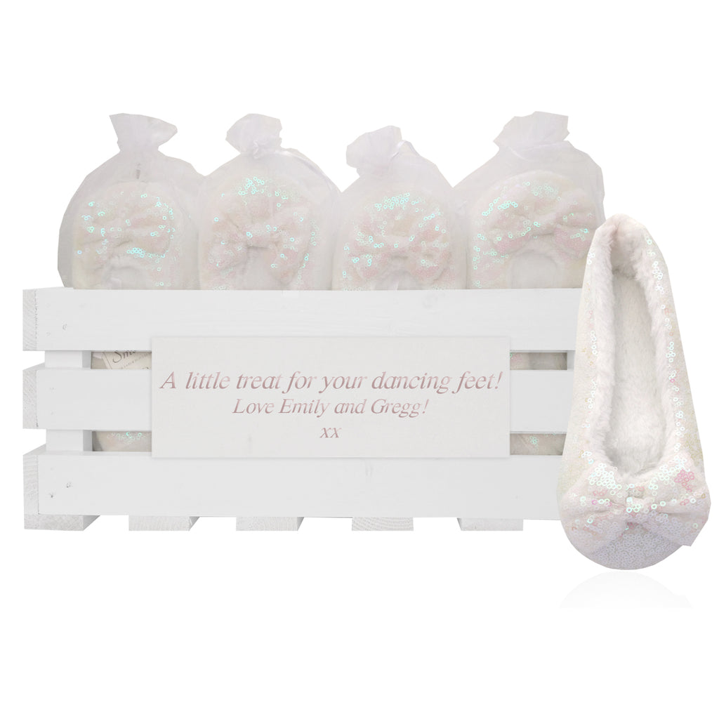 20 pairs of luxury sequin slippers in a personalized crate