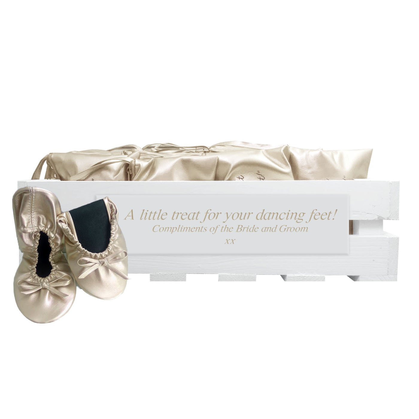 30 pairs of gold fold-up ballerinas in a personalized crate