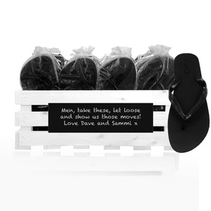 20 pairs of mens flip flops in a personalized chalkboard crate