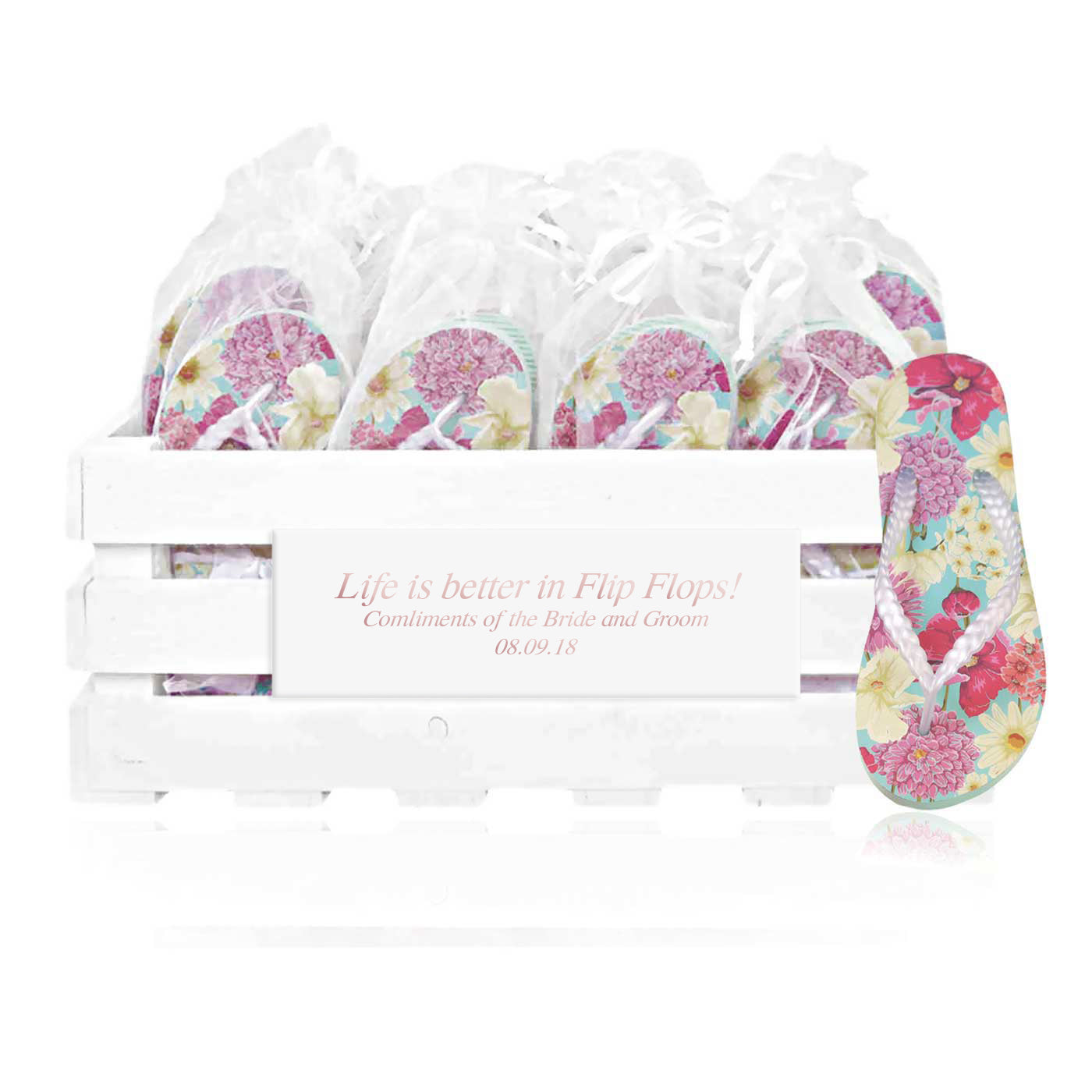20 pairs of pastel flower flip flops in a personalized crate