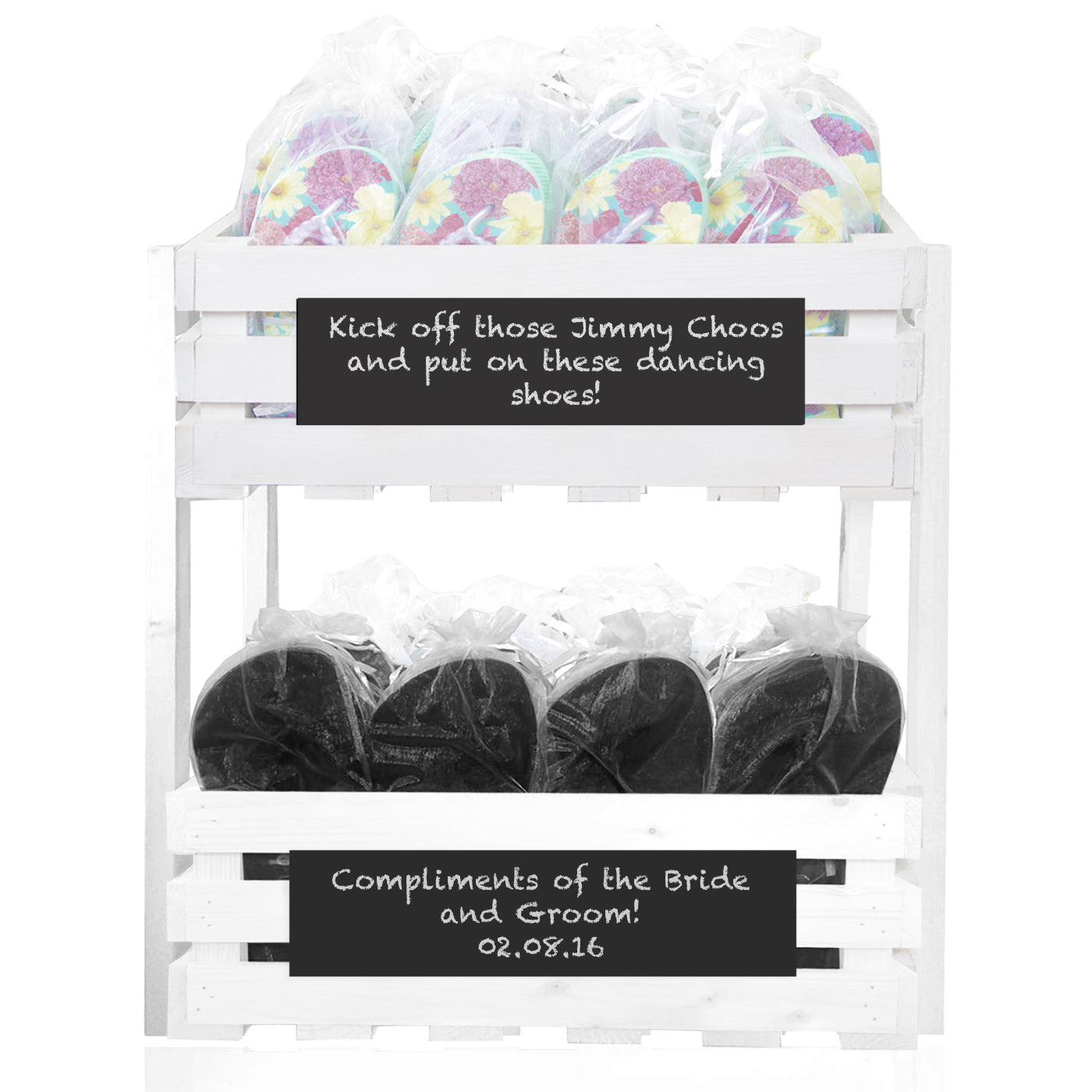 20 x Floral flip flops and 20 x Mens flip flops in a chalkboard crate tower