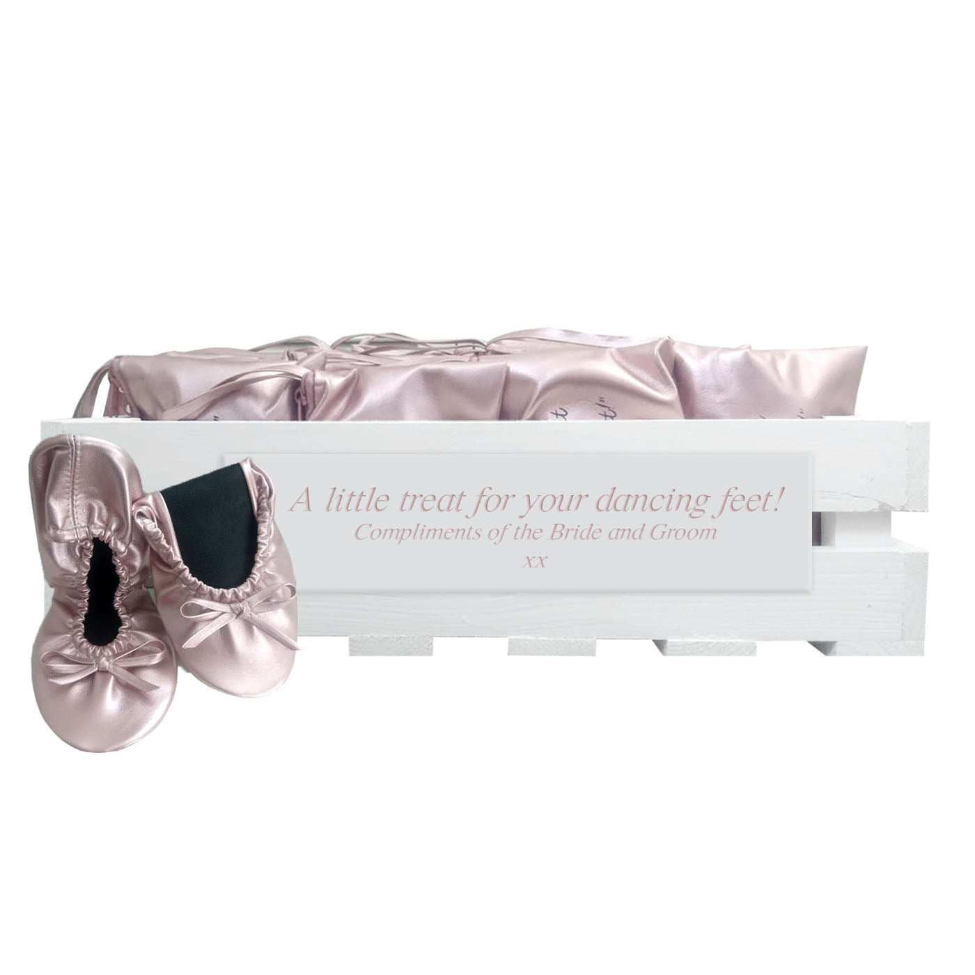 30 pairs of rose gold fold-up ballerinas in a personalized crate