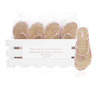 30 pairs of pink beach flip flops in a personalized crate